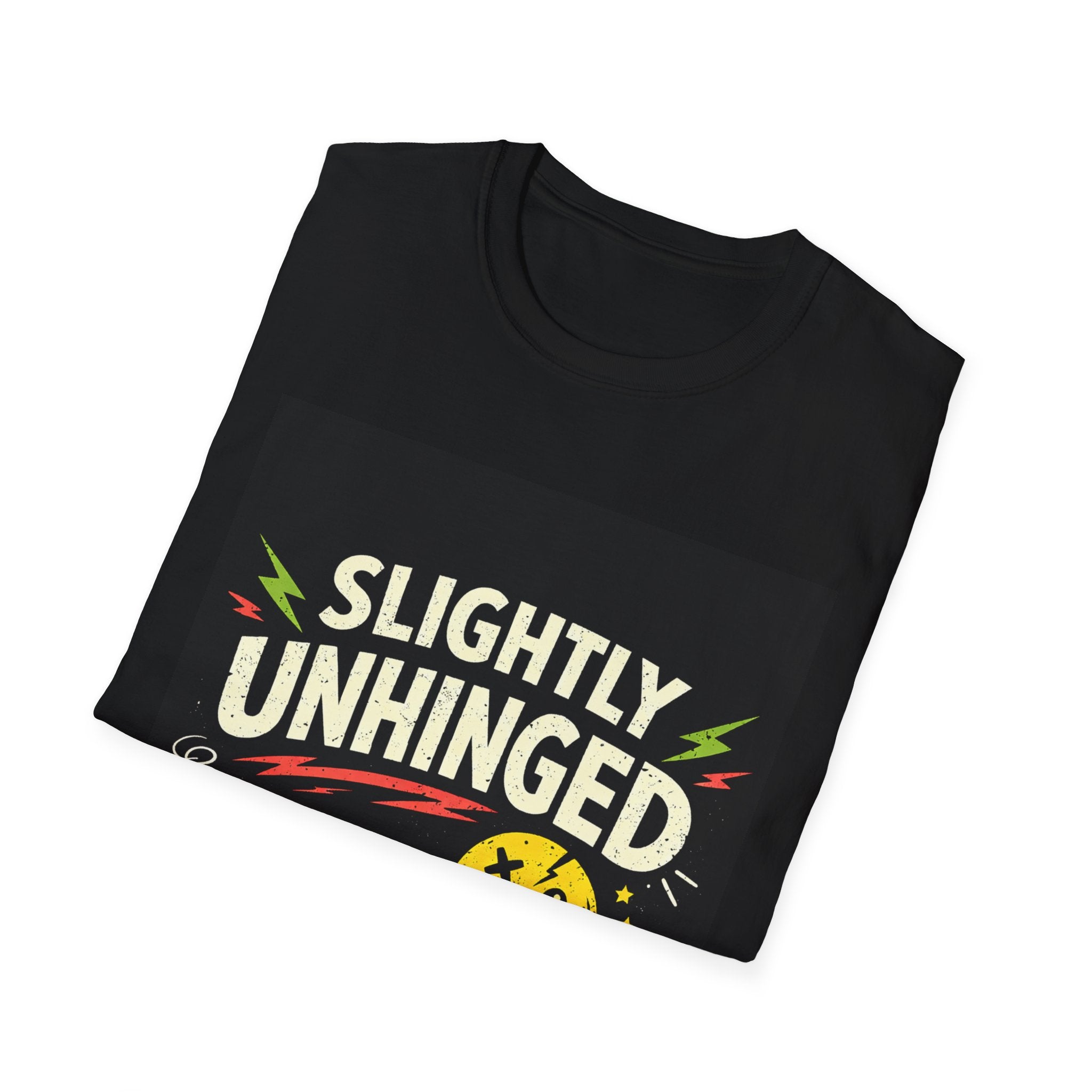 T-Shirt — "Slightly Unhinged (Still Employed)" Funny Retro Smiley Graphic Tee