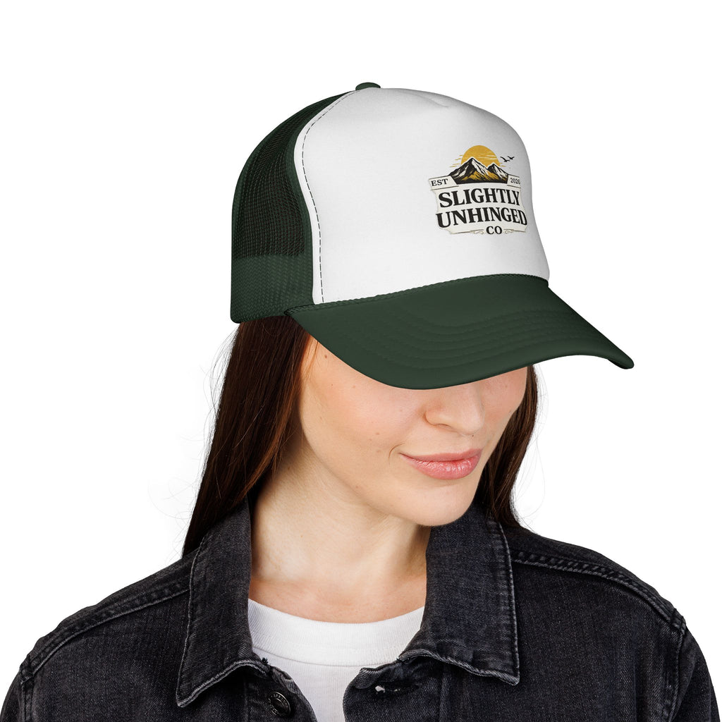 Slightly Unhinged Co. Trucker Hat – Vintage Mountain Logo Mesh Cap