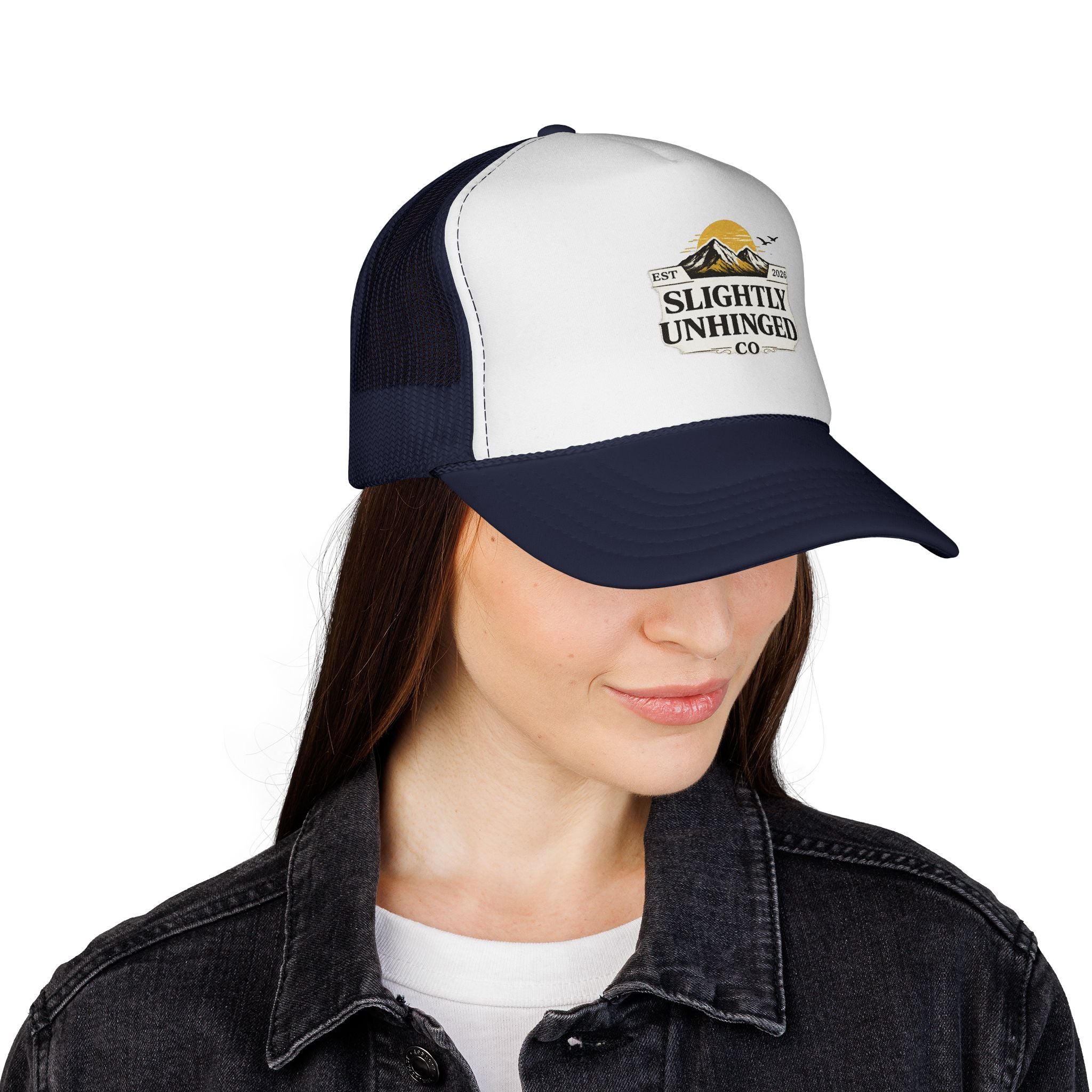 Slightly Unhinged Co. Trucker Hat – Vintage Mountain Logo Mesh Cap
