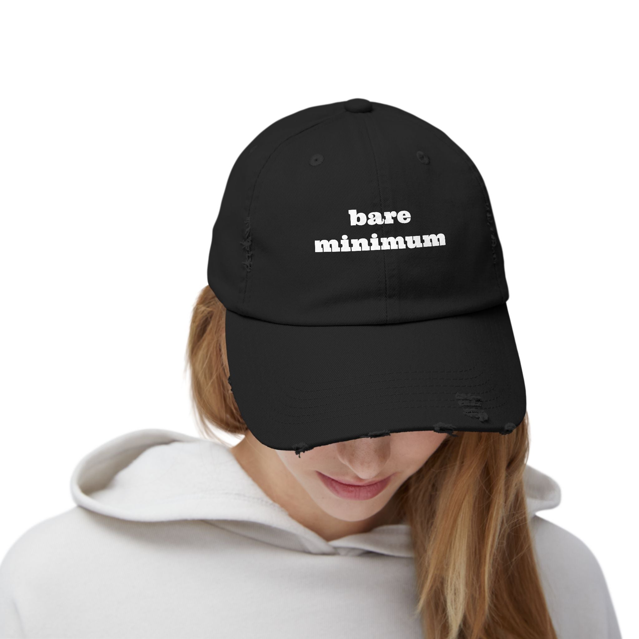 Distressed Dad Hat — "bare minimum" Minimalist Embroidered Cap
