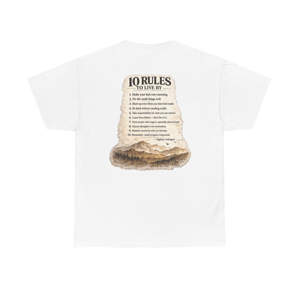 Slightly Unhinged Co. Mountain Tee — “10 Rules to Live By” Adventure T-Shirt