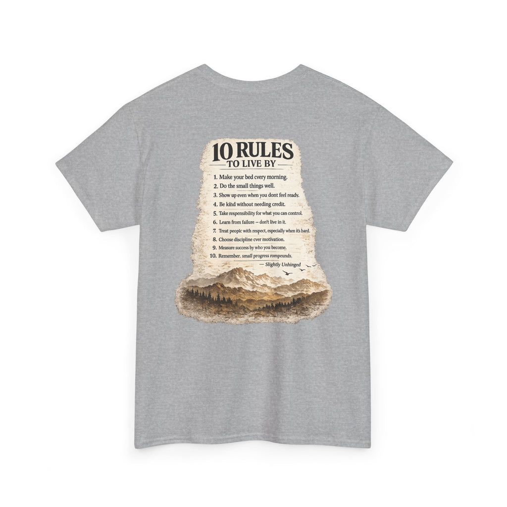 Slightly Unhinged Co. Mountain Tee — “10 Rules to Live By” Adventure T-Shirt