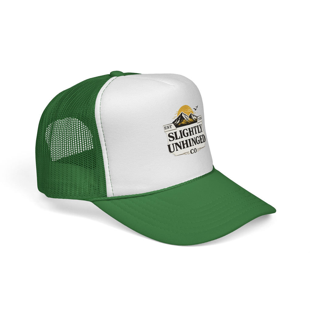 Slightly Unhinged Co. Trucker Hat – Vintage Mountain Logo Mesh Cap