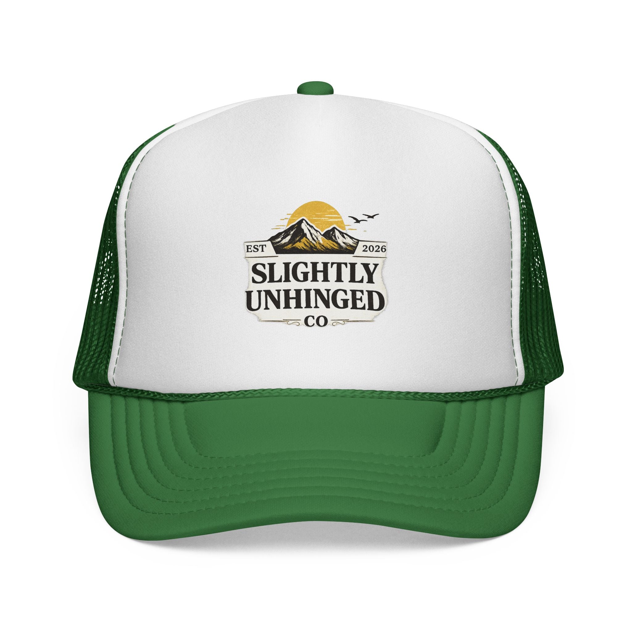 Slightly Unhinged Co. Trucker Hat – Vintage Mountain Logo Mesh Cap