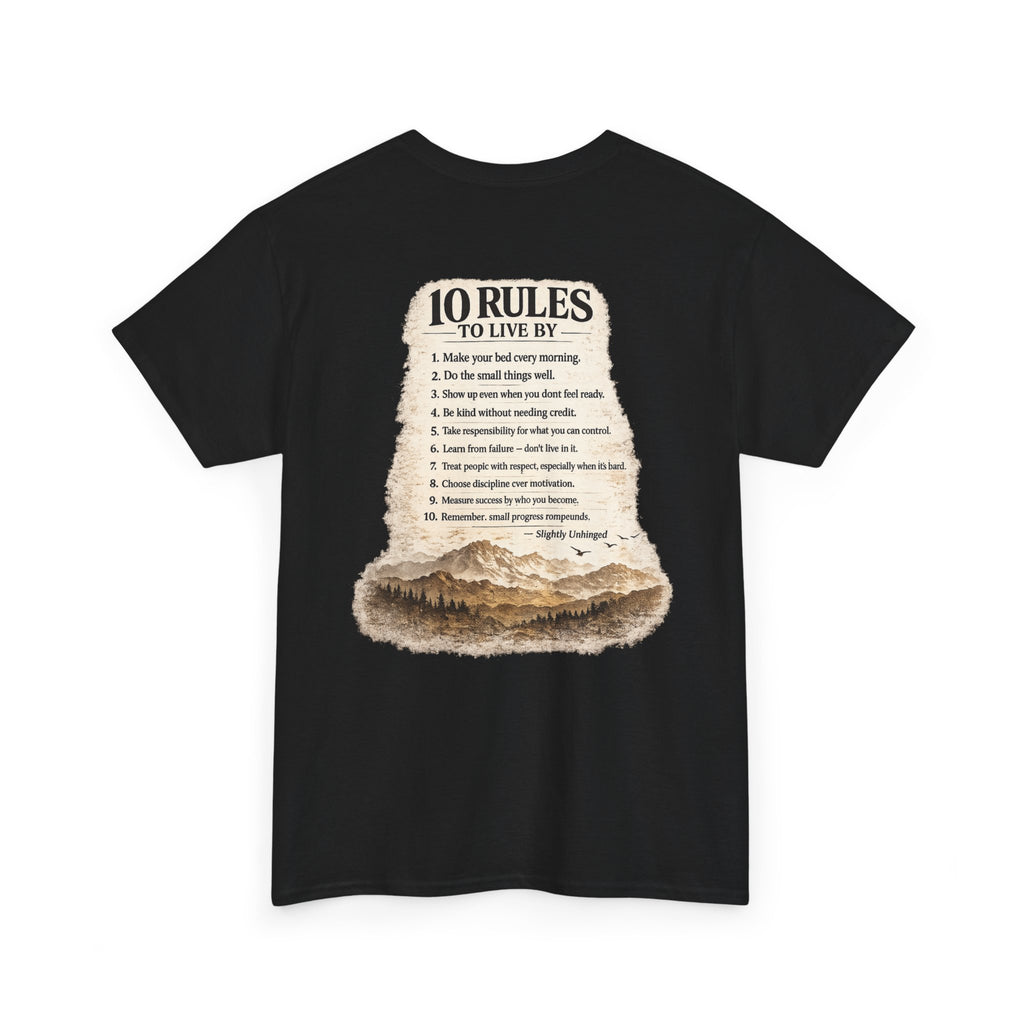 Slightly Unhinged Co. Mountain Tee — “10 Rules to Live By” Adventure T-Shirt