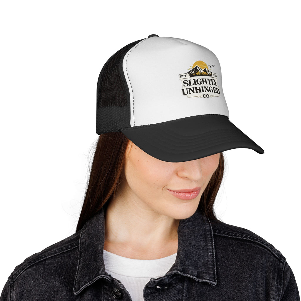 Slightly Unhinged Co. Trucker Hat – Vintage Mountain Logo Mesh Cap
