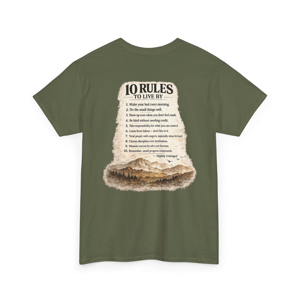 Slightly Unhinged Co. Mountain Tee — “10 Rules to Live By” Adventure T-Shirt