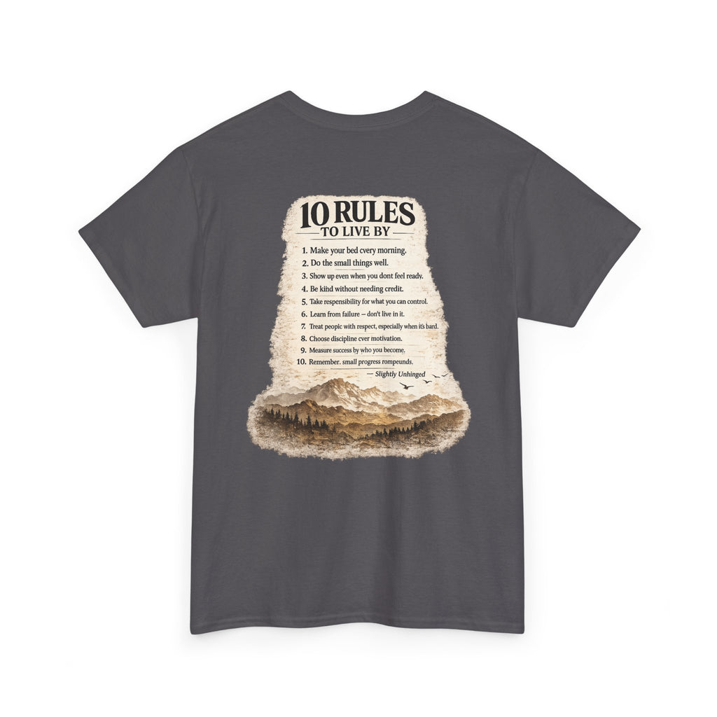 Slightly Unhinged Co. Mountain Tee — “10 Rules to Live By” Adventure T-Shirt