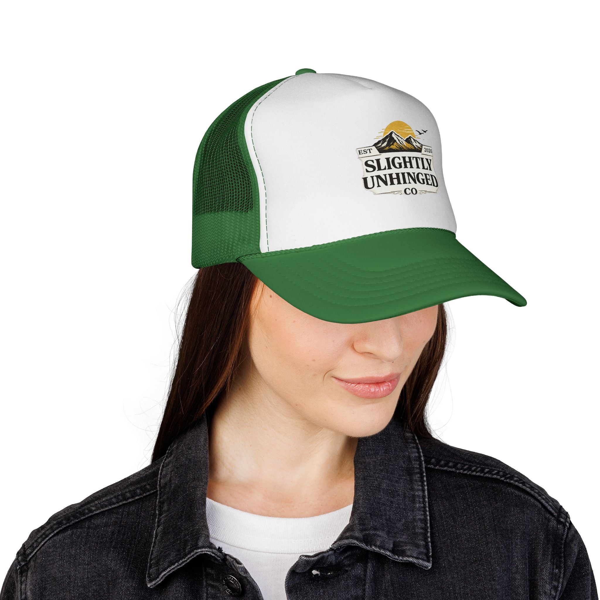 Slightly Unhinged Co. Trucker Hat – Vintage Mountain Logo Mesh Cap