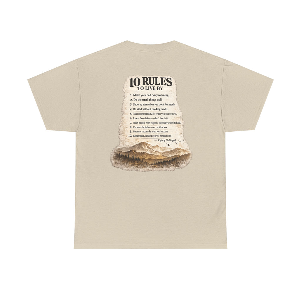 Slightly Unhinged Co. Mountain Tee — “10 Rules to Live By” Adventure T-Shirt